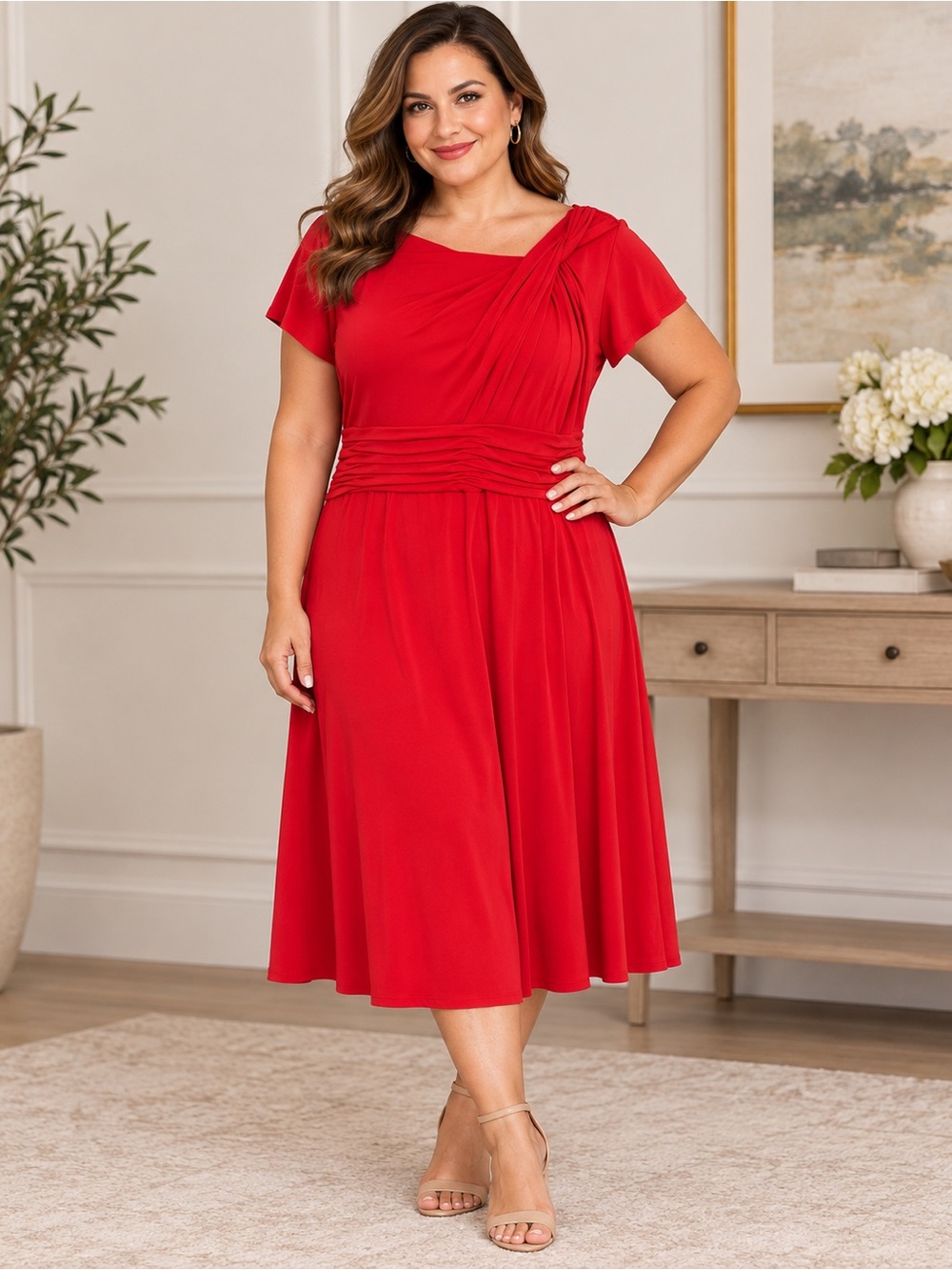 Elegant Red Draped Women’s Dress - Size 18